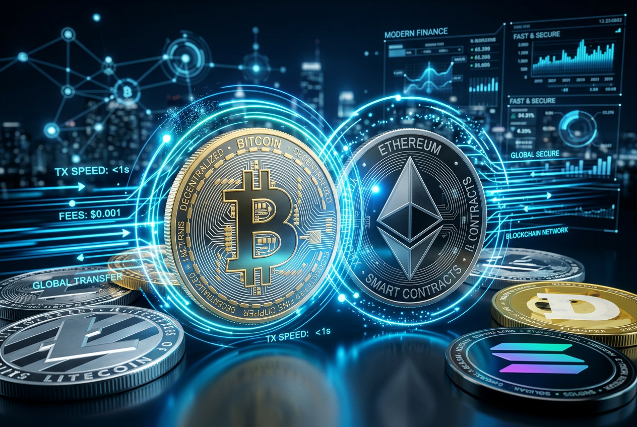 Detailní 3D vizualizace krypto mincí s holografickými liniemi představujícími rychlé a levné transakce