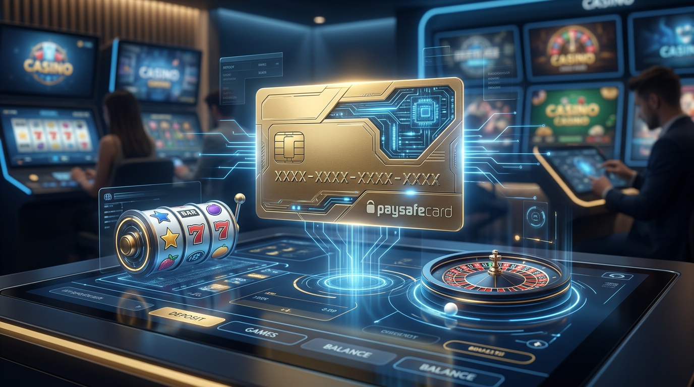 Digitální ilustrace Paysafecard karty v moderním herním rozhraní s neonovými prvky.