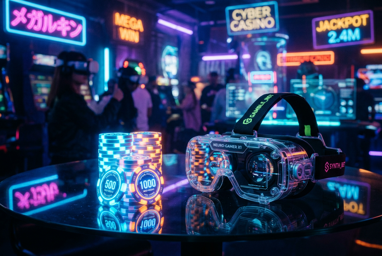 Futuristický koncept hazardu 2026 s VR brýlemi a digitálními žetony
