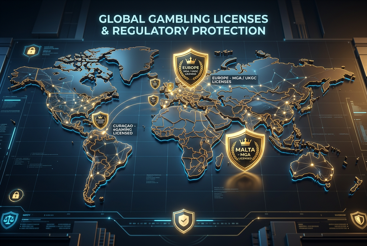Mapa globálních hazardních licencí symbolizující právní ochranu hráčů