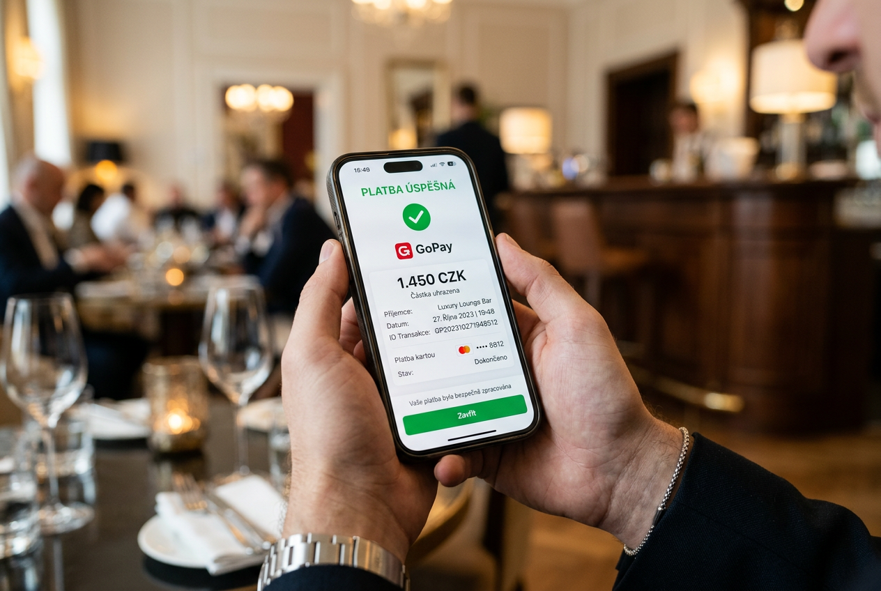 Moderní rozhraní platební brány GoPay na displeji smartphonu se zabezpečeným vkladem do kasina