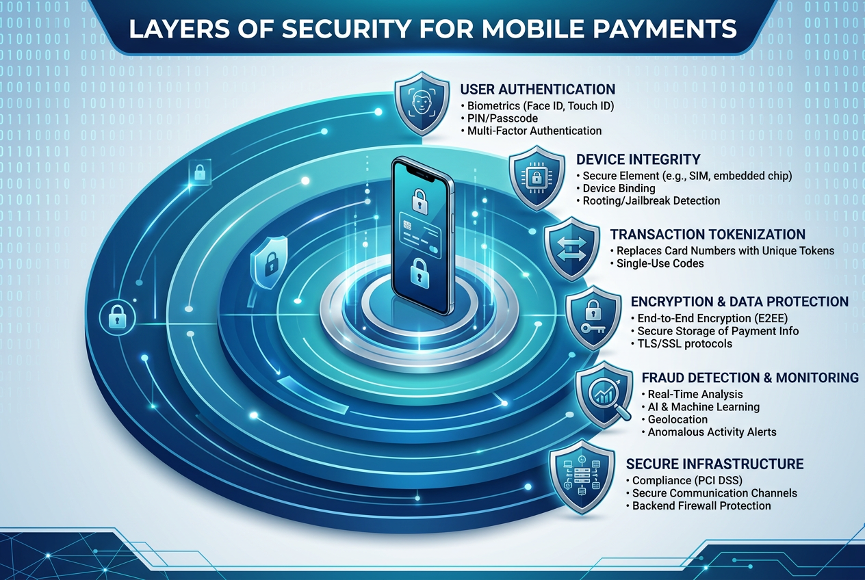Infografika zabezpečení mobilních plateb a šifrování