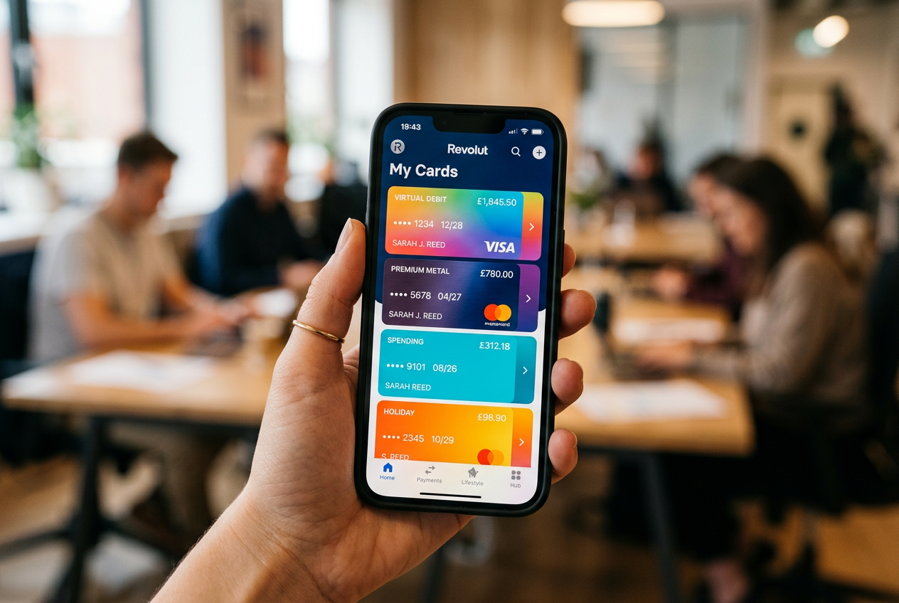 Moderní smartphone zobrazující rozhraní aplikace Revolut s různými virtuálními kartami